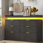 6 Drawer Dresser for Bedroom, Black Dresser with LED Lights and Power Outlet, Wooden Dressers Chests of Drawers, Double Wide Dressers for Bedroom, Entryway, Hallway