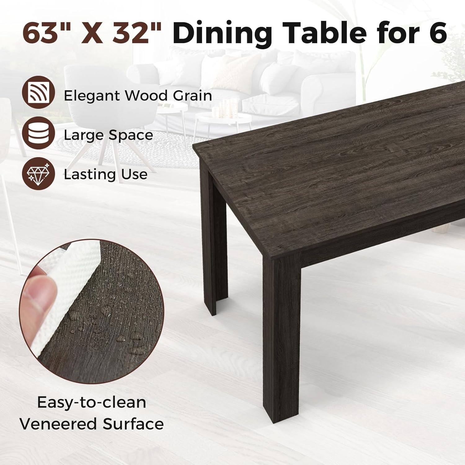 COSTWAY 63' Rectangular Dining Table for 4-6 People, Modern Farmhouse Dinette Table with Large Computer Workstation, Grey