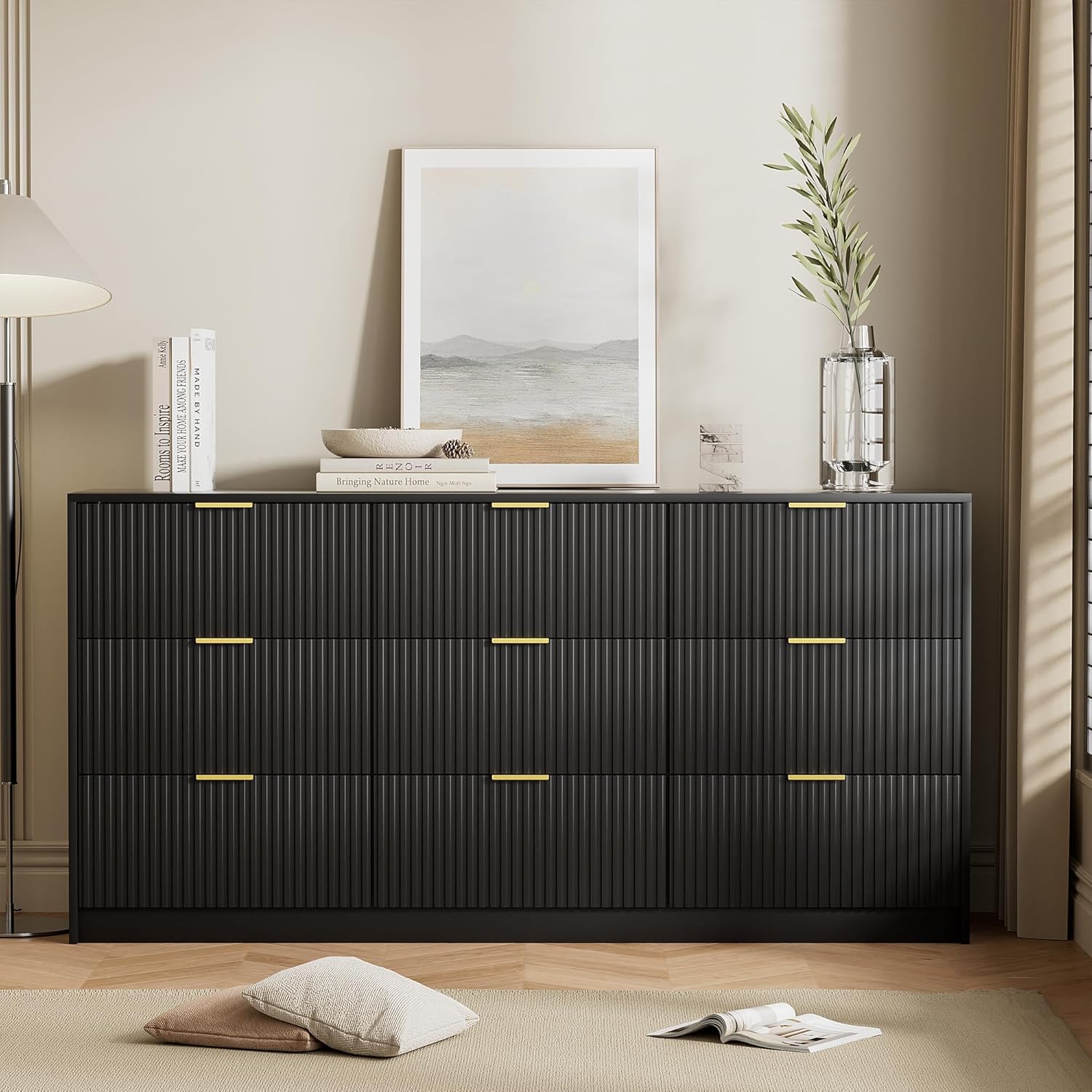 Black Dresser for Bedroom, Modern Dresser with 9 Drawers and Smooth Slides, Wide Chest of Drawers with Golden Handles for Bedroom, Living Room, Closet, 15.7" D x 63" W x 31.5" H