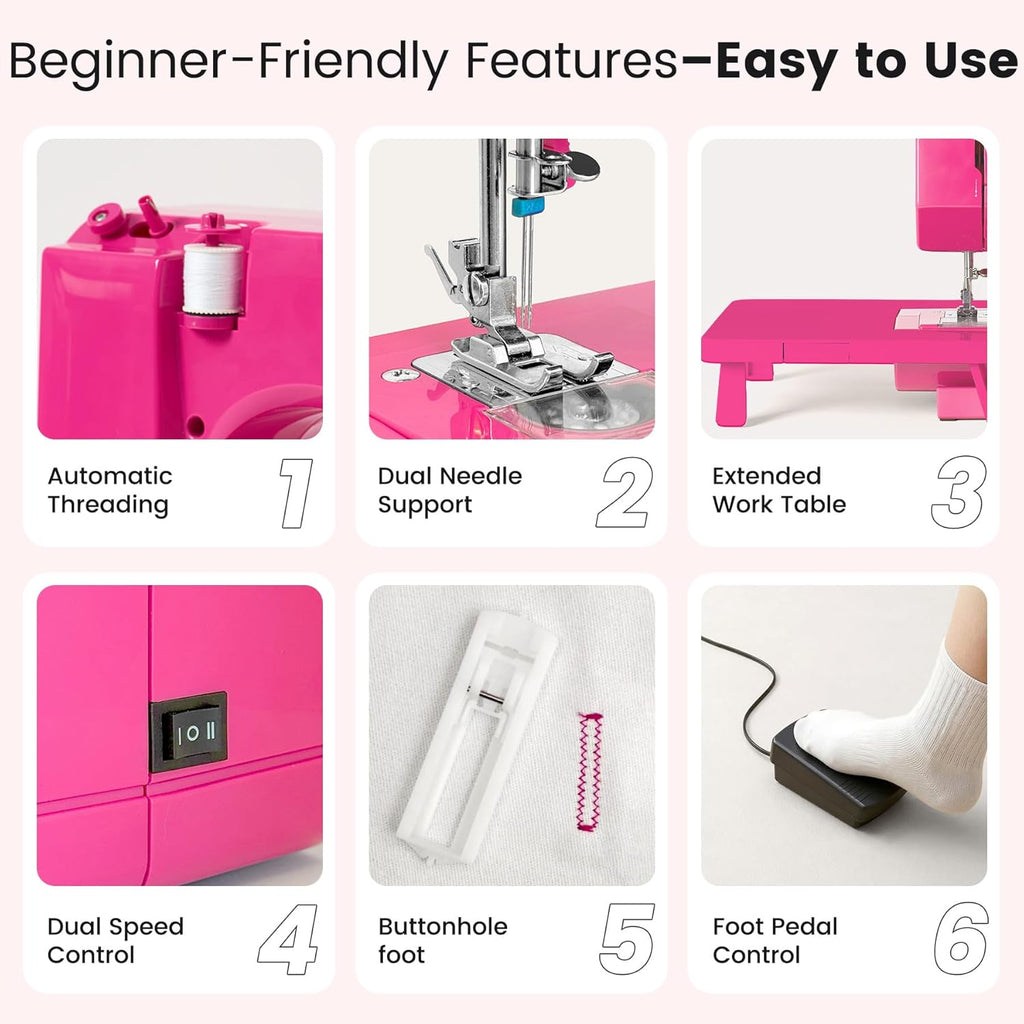 Portable Mini Sewing Machine for Beginners, 14 Stitches, Easy Dial Control, LED Light & Extension Table, Compact Lightweight for Home DIY Mending, Ideal Gift for Kids Adults Bright pink
