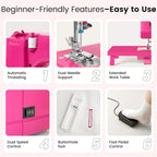 Portable Mini Sewing Machine for Beginners, 14 Stitches, Easy Dial Control, LED Light & Extension Table, Compact Lightweight for Home DIY Mending, Ideal Gift for Kids Adults Bright pink