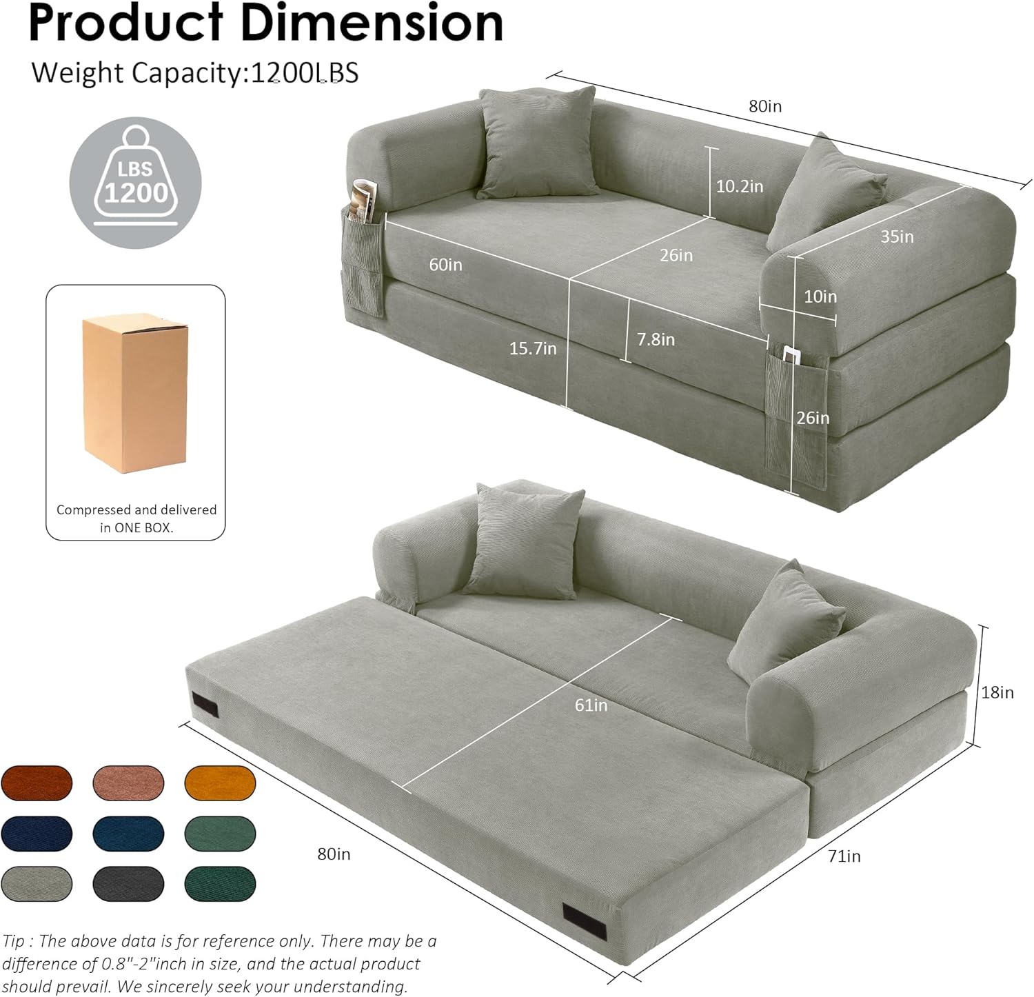 80" Convertible Sofa Bed, Corduroy Deep Seat Folding Pull Out Couch with Pillows, No Assembly Modern Boneless Couch Compression Sofa in Box, Floor Sofa with Storage Pocket for Living Room,Light grey