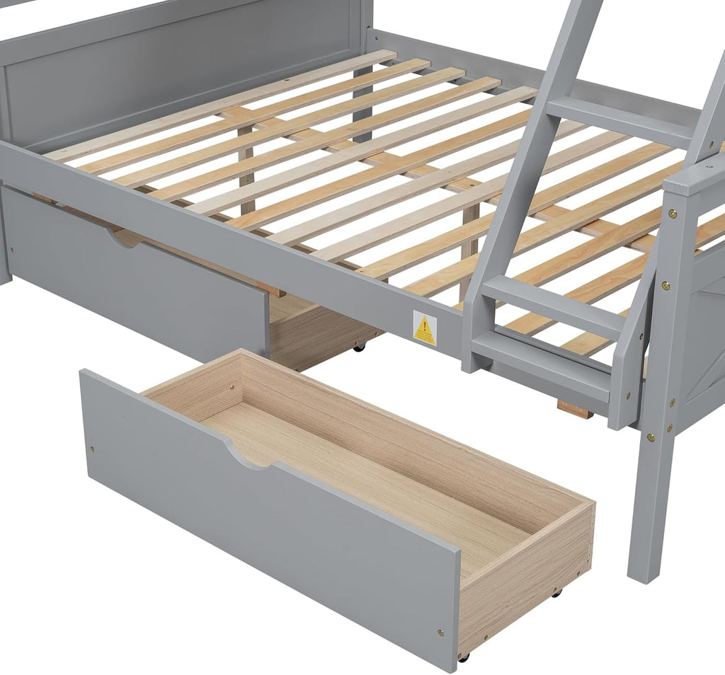 Merax Twin Over Full Bunk Bed with 2 Storage Drawers, Ladder and Guardrail, Can be Converted into 2 Separated beds, Grey
