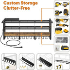 POKIPO 49.5" W Large Power Tool Organizer with Charging Station, 4 Layer Heavy Duty Utility Rack Loads 800lbs, Holds 12 Cordless Drills, Wall Mount Tool Shelf with 8-Outlet Power Strip, Gift for Men