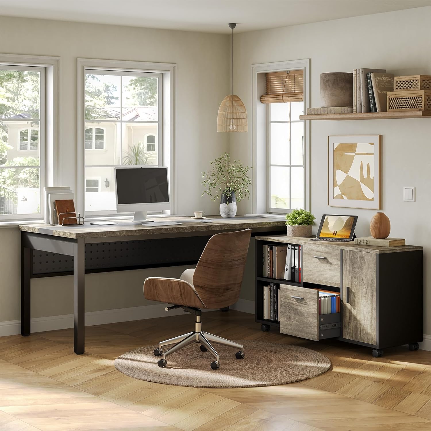 LITTLE TREE 70.8" Executive Desk with Lateral File Cabinet, Modern Thickened Wooden Workstation L-Shaped Computer Desk Large Home Office Writing Desk for Home Office