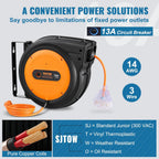 VEVOR Retractable Extension Cord Reel, 75 FT, Heavy Duty 14AWG/3C SJTOW Retractable Power Cord with Lighted Triple Tap Outlet, 13 Amp Circuit Breaker 180° Swivel Bracket for Ceiling or Wall Mount