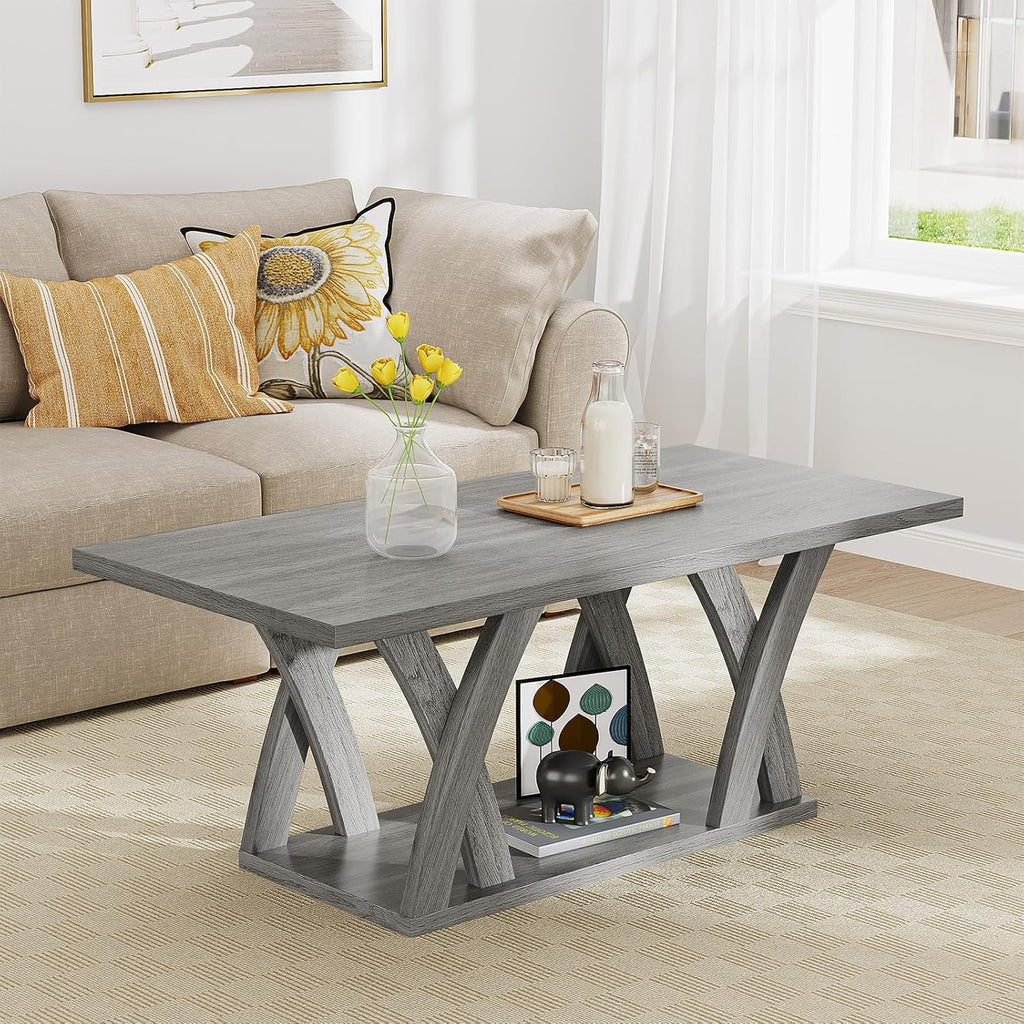 47” Farmhouse Coffee Tables for Living Room Rustic Stands with Storage Shelf Grey Coffee Tables for Living Room Farmhouse Center Stands with Shelf Wood Rectangle Center Table