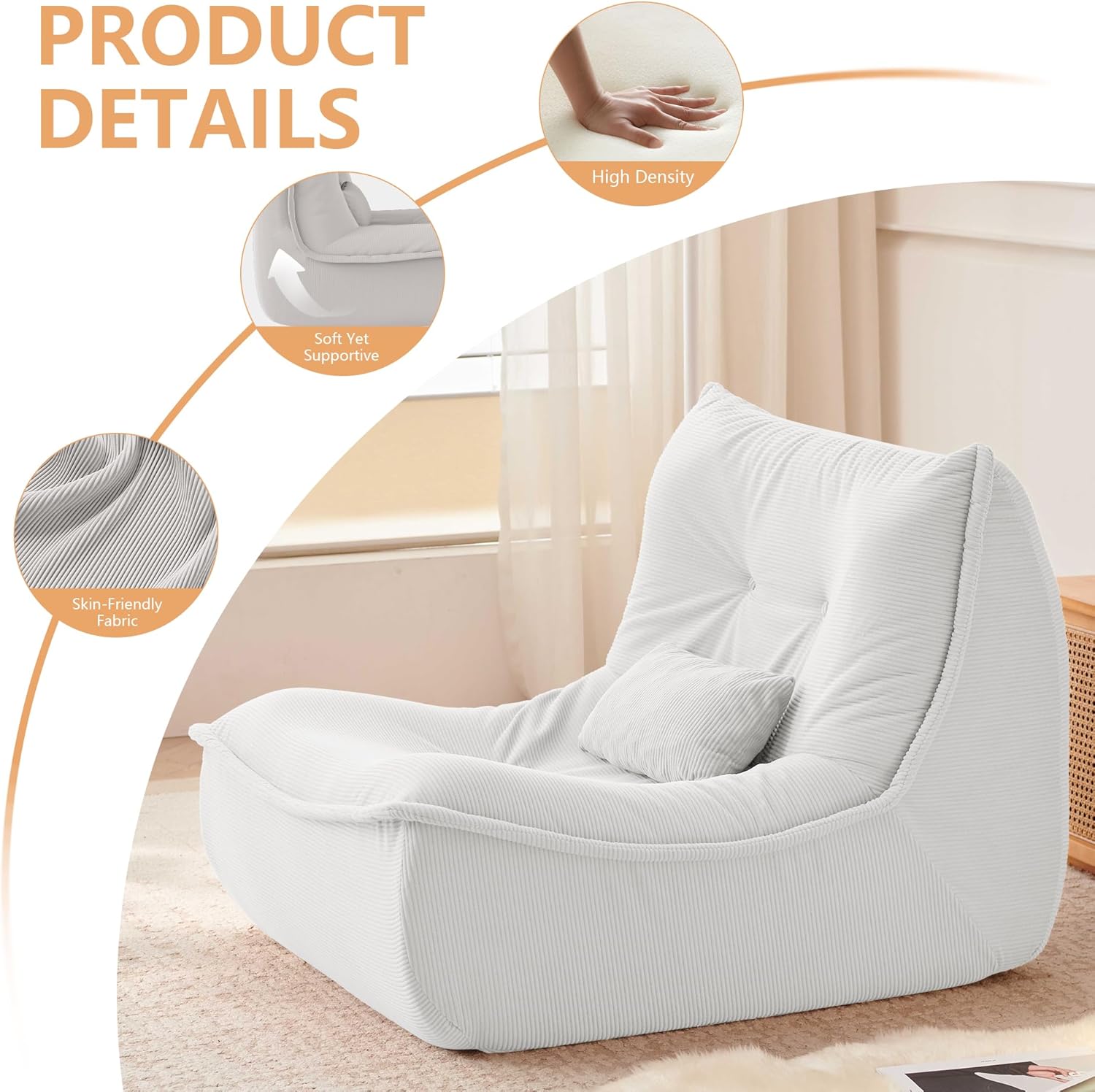 Bean Bag Chair for Adults, Single Lounge Chair with Lumbar Pillow, Comfy Floor Sofa with High-Resilience Foam, Lazy Accent Chair for Living Room, Bedroom, Apartment, Or Reading Corner, White
