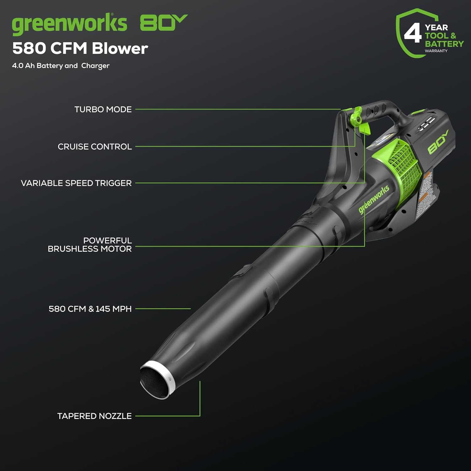 Greenworks 80V 21” Brushless (Self-Propelled) Cordless Electric Lawn Mower + (580 CFM) Axial Leaf Blower (75+ Compatible Tools)  4.0Ah Battery and 60 Minute Rapid Charger  Green and Black