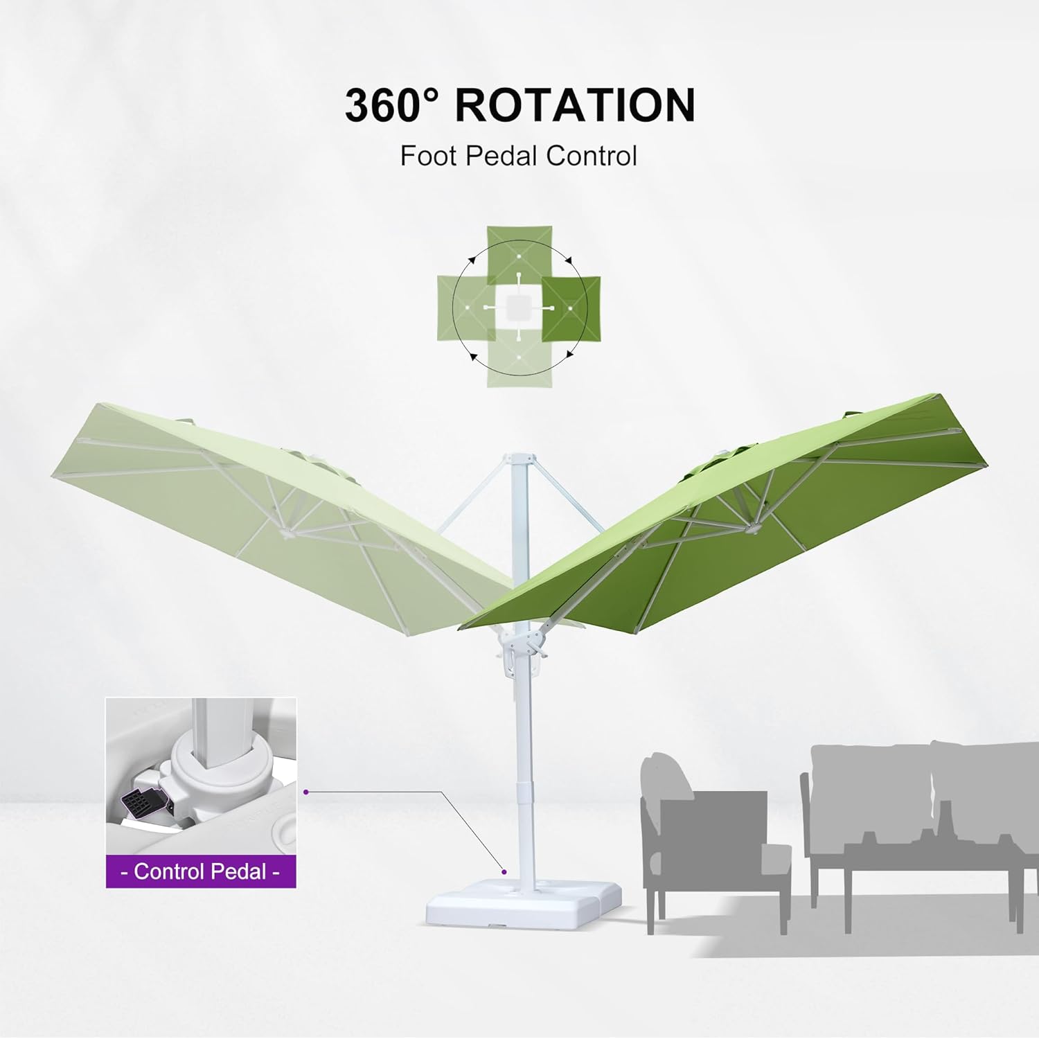 PURPLE LEAF 8 FT Patio Umbrella With Base White Cantilever Umbrella Square Outdoor Offset Umbrella Windproof with 360° Rotation for Garden Deck Pool, Macaw Green