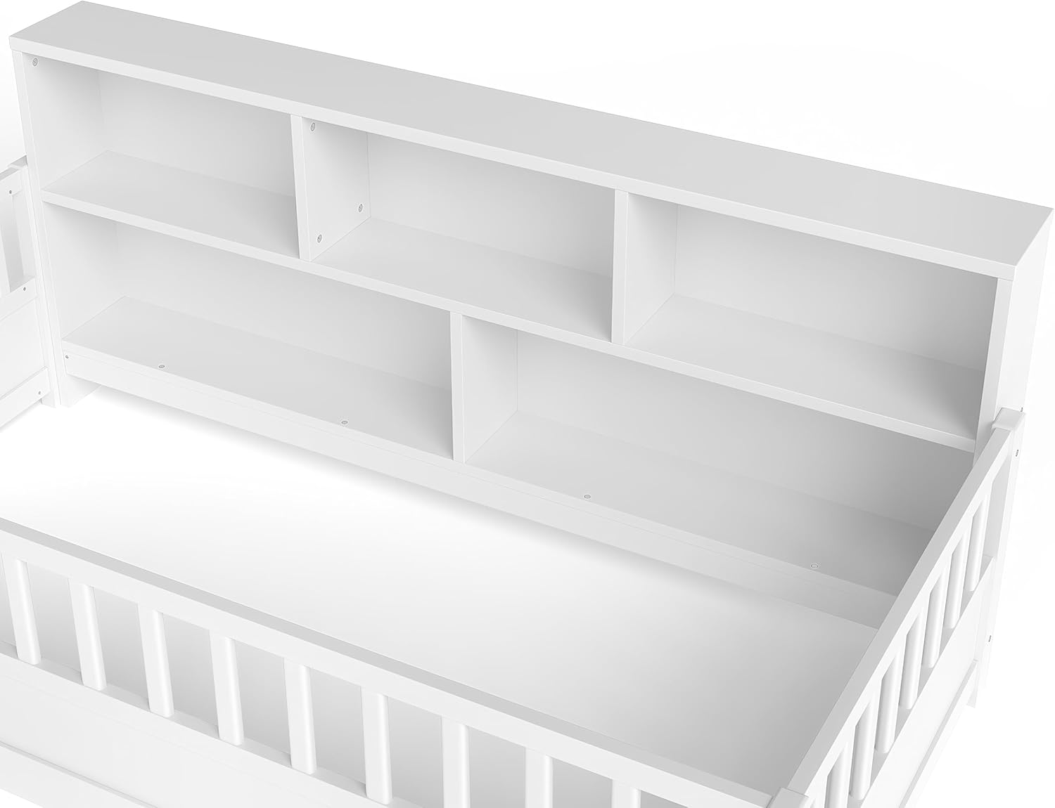 KEIKI Montessori Floor Bed Twin Size, Pine Wood Platform Bed Frame with Fence and Guardrail, Kids Bed with Side Storage Racks, Twin Floor Bed for Children, White