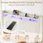 Queen Bed Frame with Tall Headboard, 55.3" Upholstered Platform Queen Size Bed Frame, Elegant Corduroy Wingback Bed with LED Lights & Charging Station, No Box Spring Needed, Solid Wood Slats, Cream