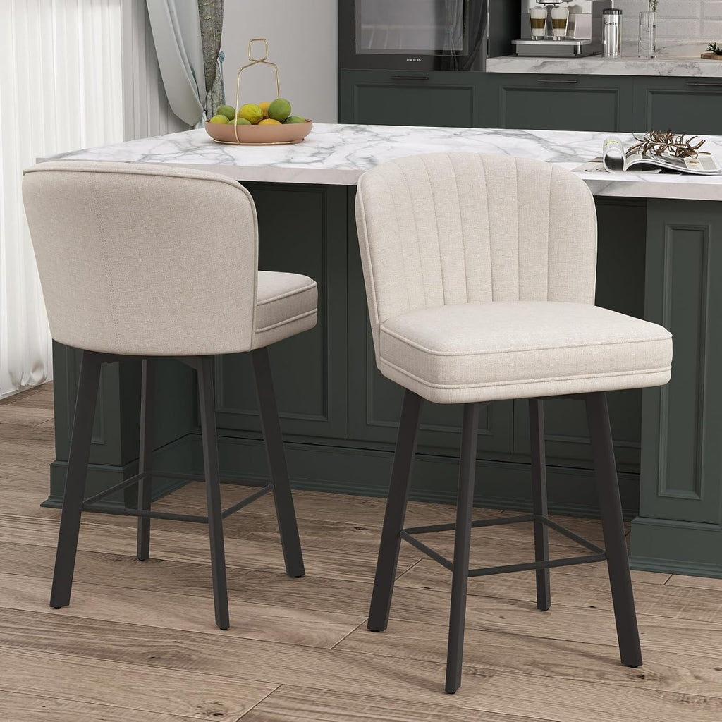 Swivel Counter Height Bar Stools Set of 4, 26'' Modern Barstools with Backs and Metal Legs, Upholstered Bar Chairs, Beige, Fabric Stools for Kitchen Island Chairs