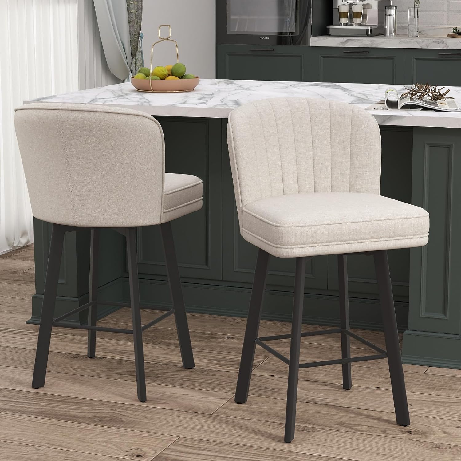 Swivel Counter Height Bar Stools Set of 4, 26'' Modern Barstools with Backs and Metal Legs, Upholstered Bar Chairs, Beige, Fabric Stools for Kitchen Island Chairs