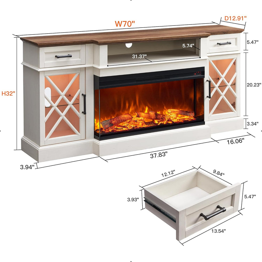 OKD 3-Sided Glass Farmhouse Electric Fireplace TV Stand for TVs up to 80'', Highboy Entertainment Center with Glass Door Storage Cabinet, 70'' Large TV Stands with 36'' Fireplace, Antique White