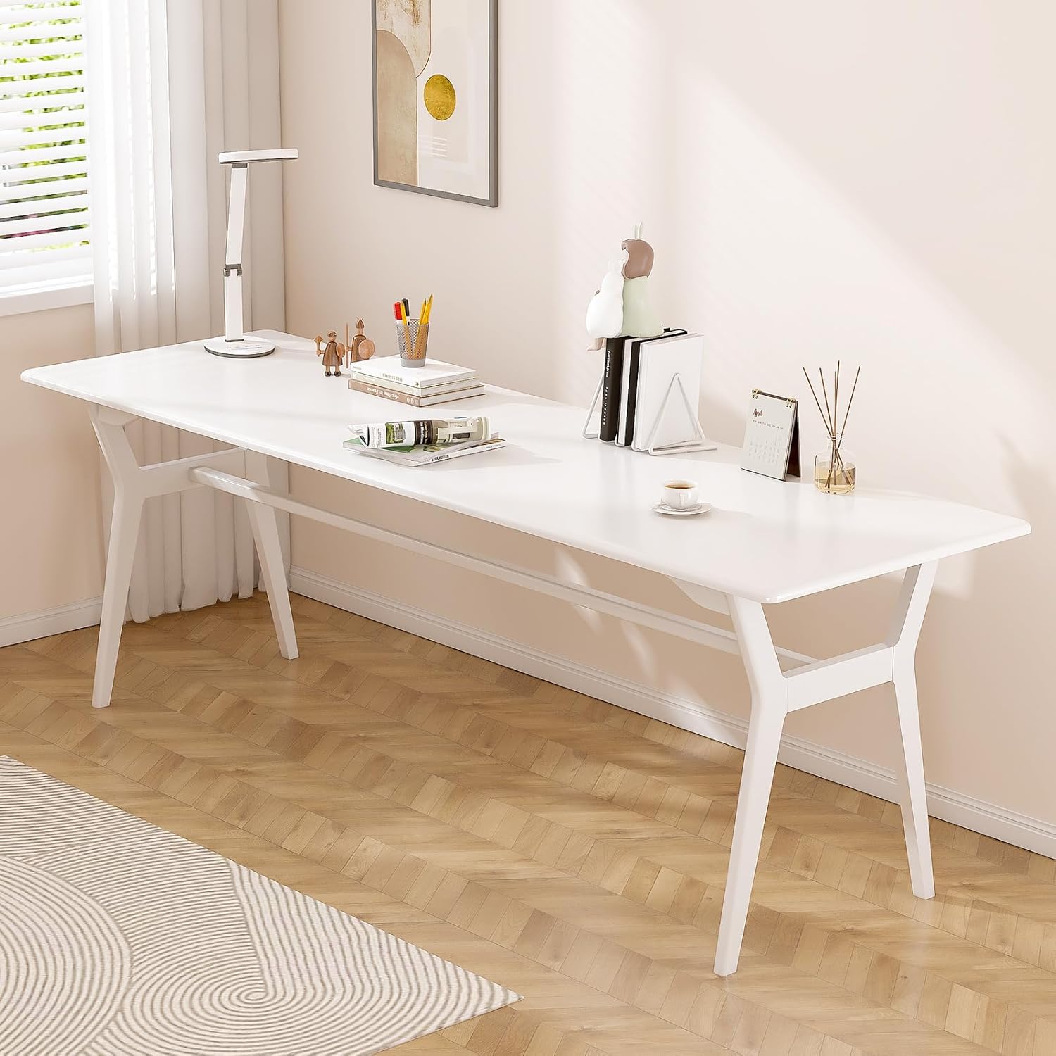 Solid Wood Study Desk - 78.8" Double Long Computer Table for Home Office, 2-Person PC Workstation, White