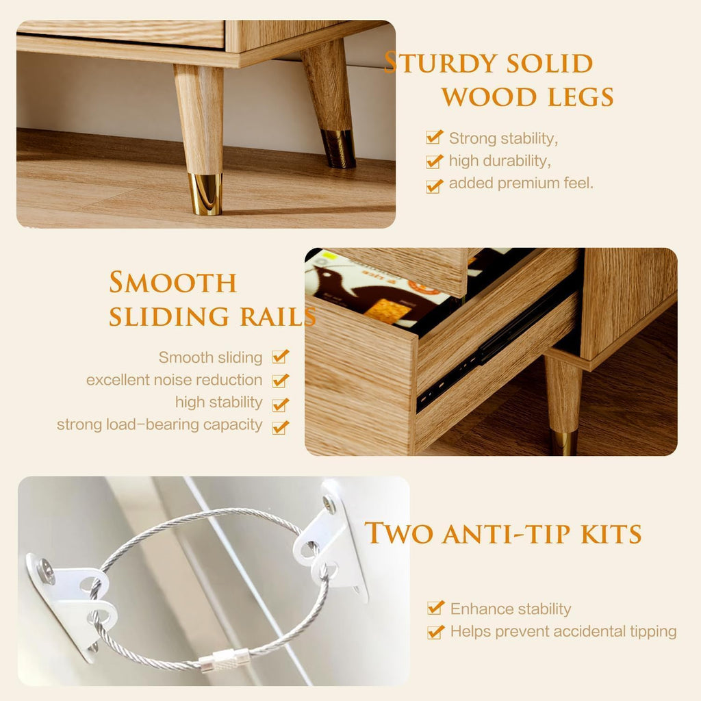 9 Drawer Dresser,63" Wide Mid Century Modern Chest of Drawers,Wooden Bedroom Drawer Dresser with 9 Storage Drawers for Bedroom, Living Room,with Anti-Tipping Device,Natural
