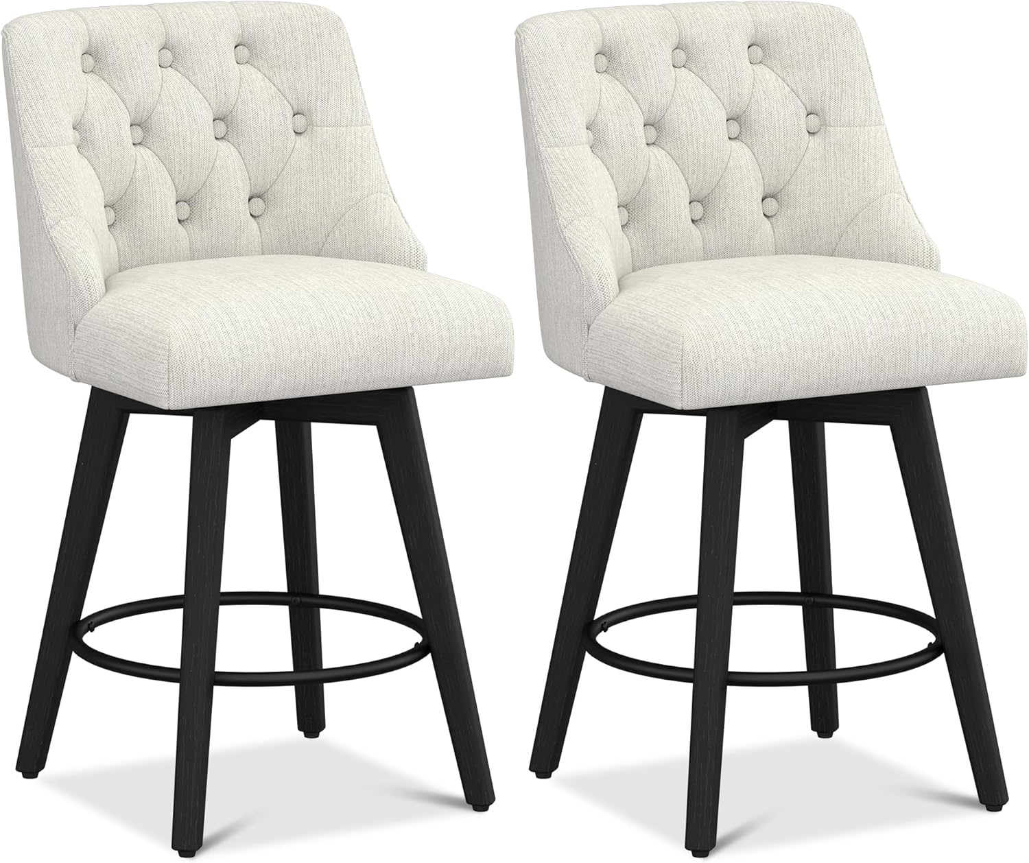 Counter Height Bar Stools Set of 2, Modern Swivel Barstools with Back and Wood Legs, Linen Fabric Upholstered Counter Height Stools, 26" H Kitchen Island Stools, Home Bar, Pub, Ivory