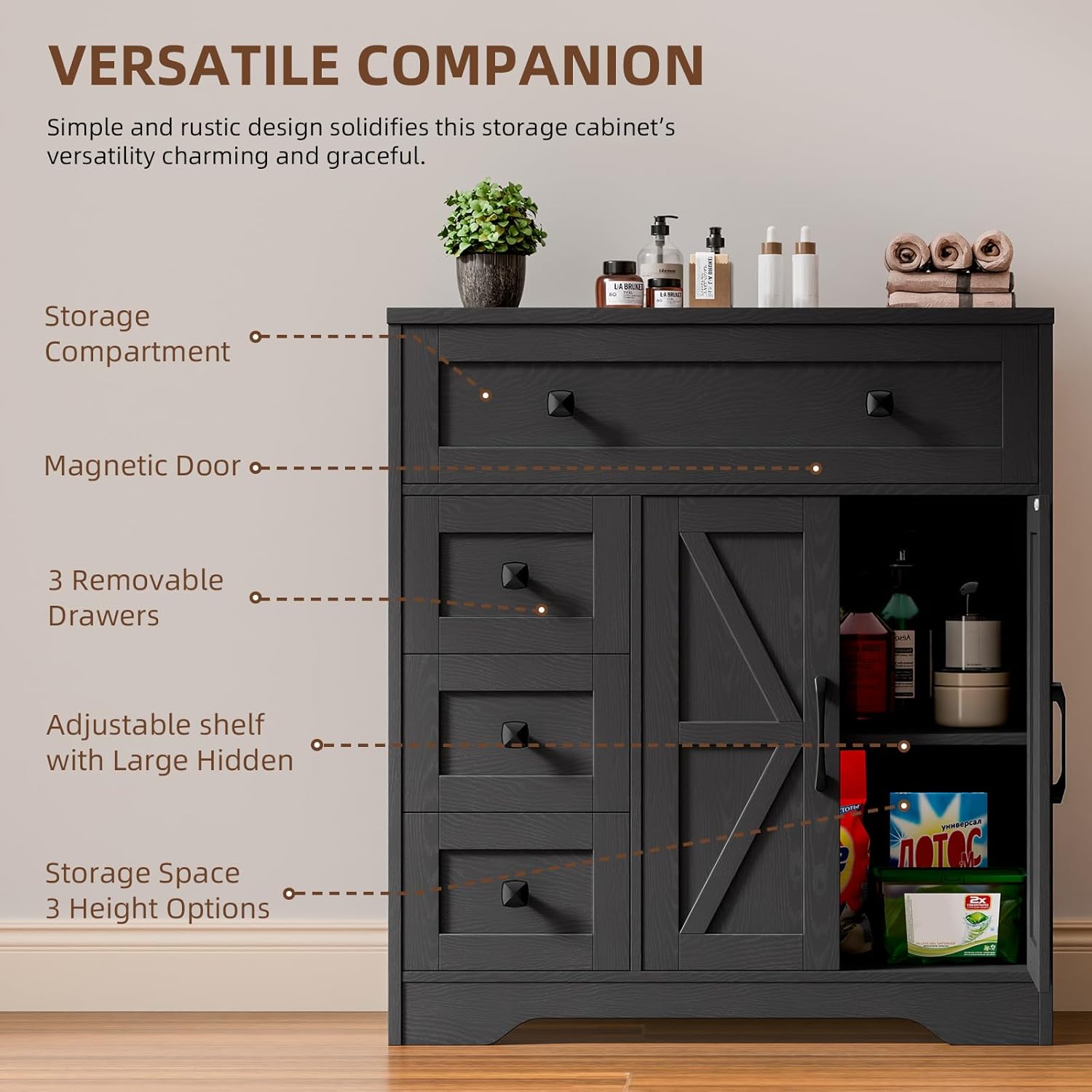 Vabches Farmhouse Storage Cabinet with 2 Doors and 4 Drawers, Freestanding Bathroom Storage Cabinet Kitchen Pantry, Floor Hutch Cupboard for Living Room/Bathroom/Kitchen,(Pure Black)