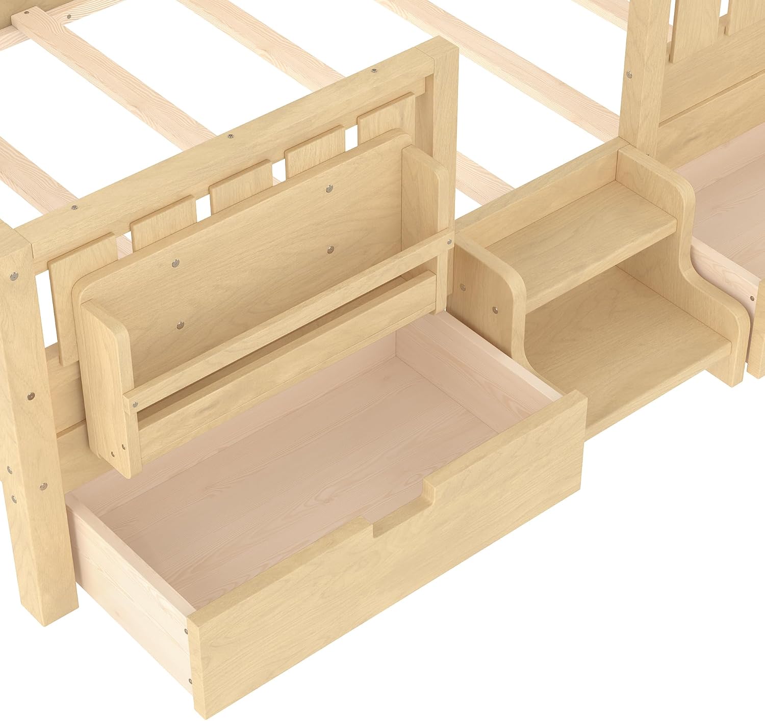 Bellemave Twin Size Bed with Slats and Stairs, Twin Size Platform Bed Frame with Fence, Bookshelf and Storage Drawers, Easy Assemble Beds for Girls, Boys, Light Natural