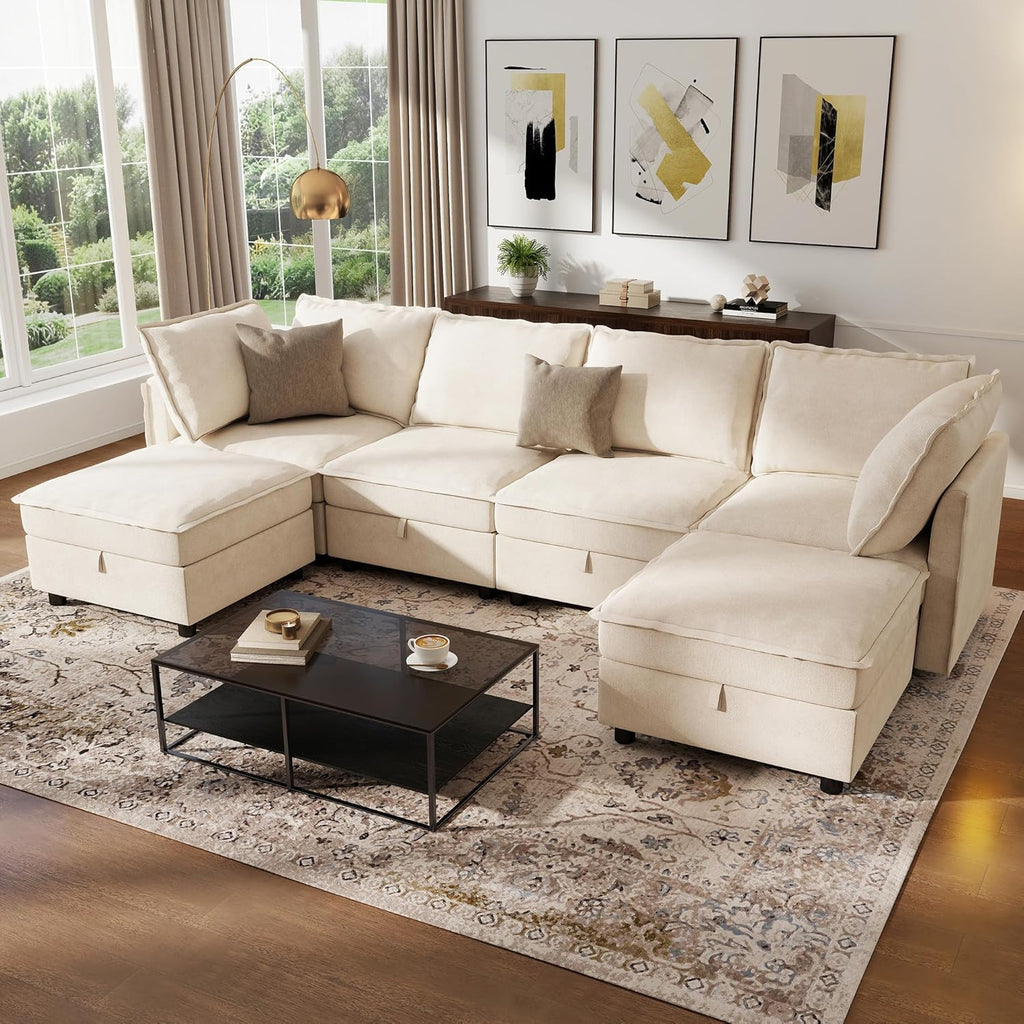 Ihanherry 129.6” Modular Sectional Sofa with Storage, U Shaped Couch for Living Room, 6-Seat Chenille Deep Seat Sofa with Movable Ottoman, Convertible Couches for Bedroom and Apartment .Beige