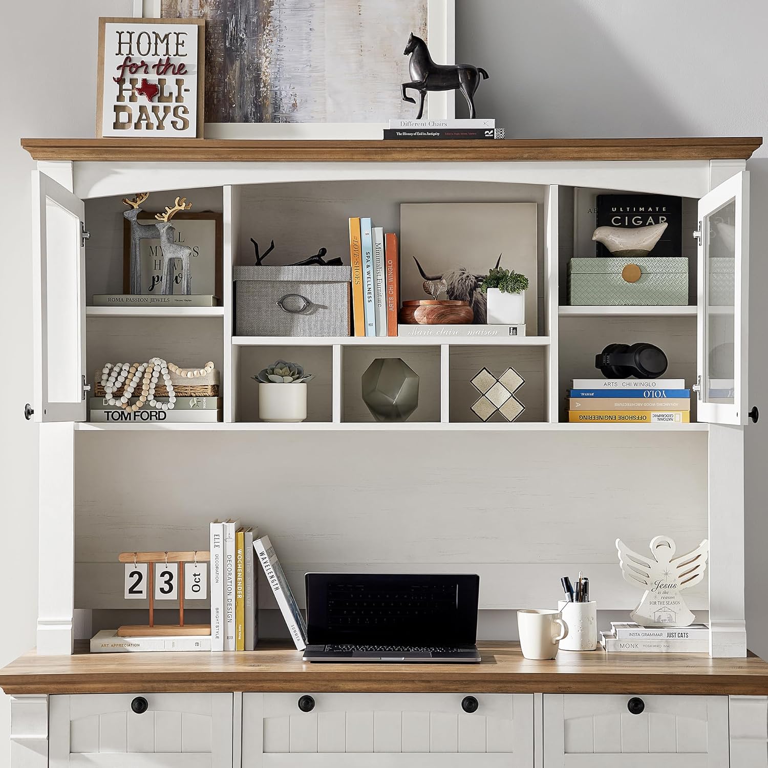 OKD 60" Executive Desk with Hutch and Drawers, Farmhouse Home Office Desk with Charging Station, Keyboard Tray, File Cabinet Storage, Wood Computer Desk for Work and Study, Antique White