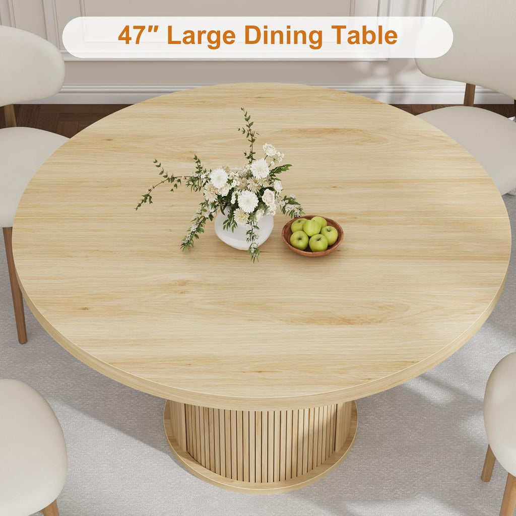 Garvee 47 Inch Round Dining Table for 4, Kitchen Table with 2-Layer Storage Shelf and a Drawer, Farmhouse Circle Dinner Table for Dining Room, Kitchen, Living Room (Table Only), Natural