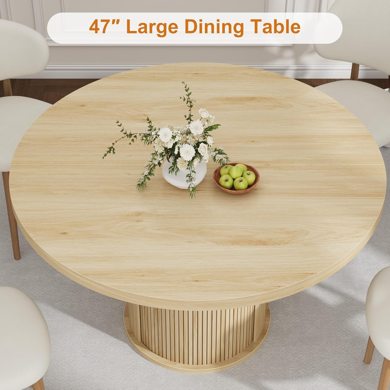 Garvee 47 Inch Round Dining Table for 4, Kitchen Table with 2-Layer Storage Shelf and a Drawer, Farmhouse Circle Dinner Table for Dining Room, Kitchen, Living Room (Table Only), Natural