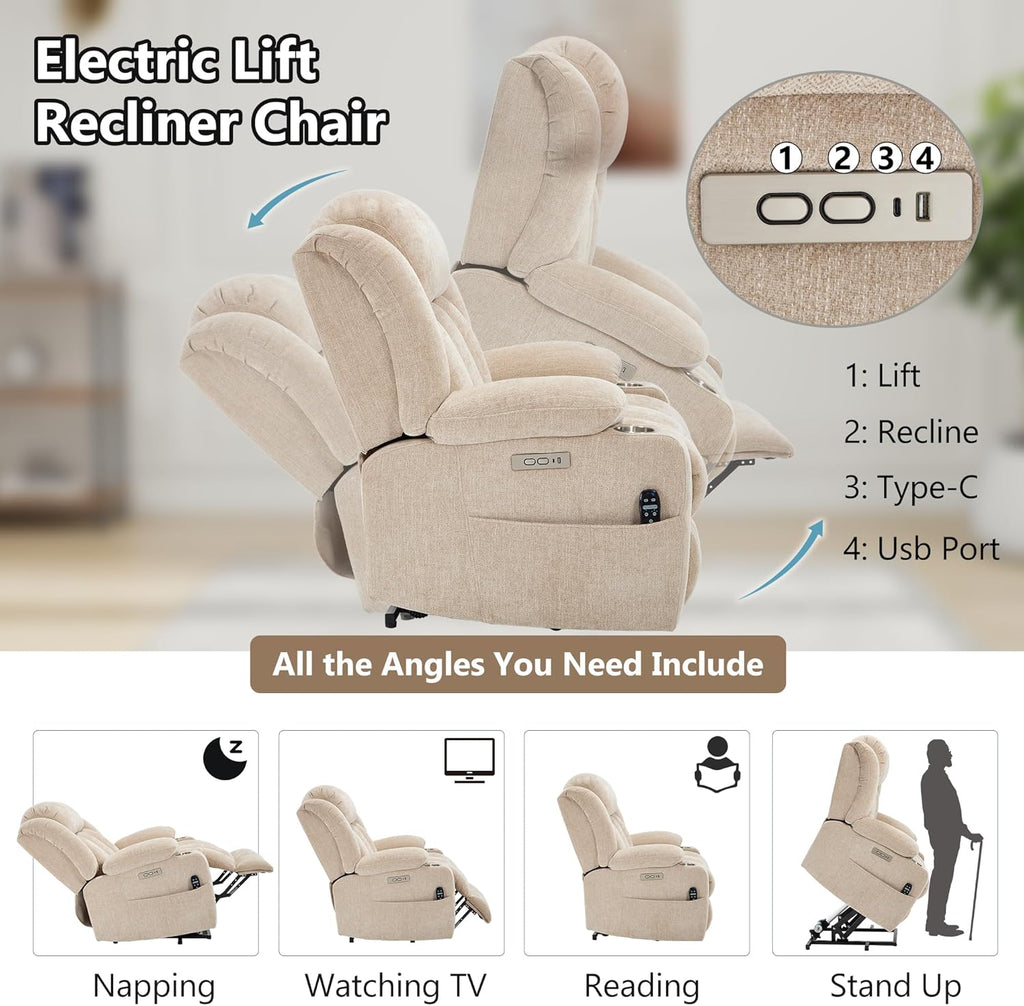 PELUMY Power Lift Recliner Chair for Elderly, Heavy Duty 350 lbs, Massage & Heat, Dual USB Ports & Cup Holders, Electric Recliner, Chenille Fabric (Beige)