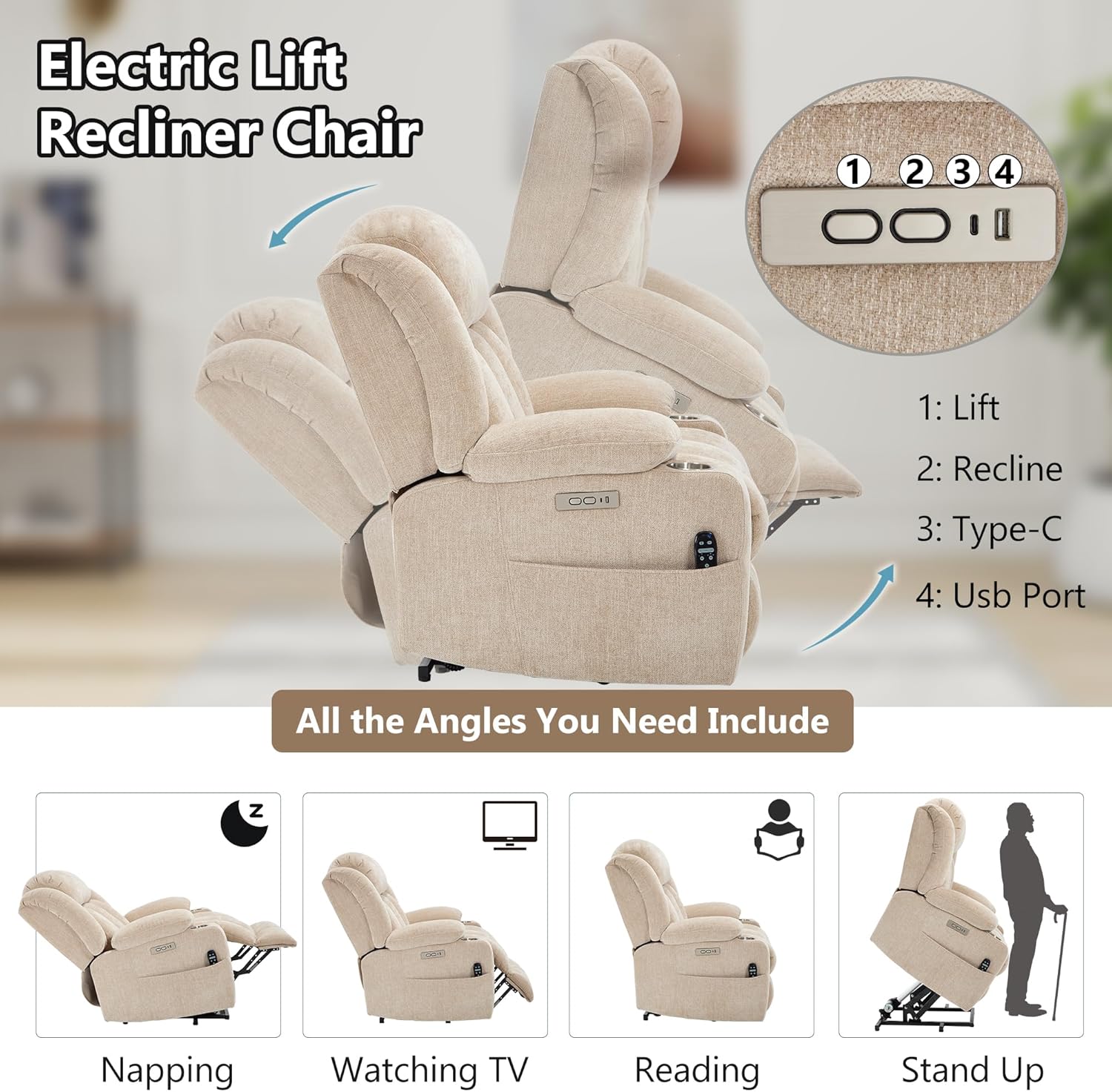 PELUMY Power Lift Recliner Chair for Elderly, Heavy Duty 350 lbs, Massage & Heat, Dual USB Ports & Cup Holders, Electric Recliner, Chenille Fabric (Beige)