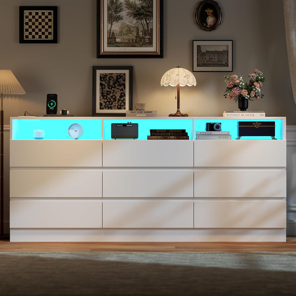 Drawer Dresser for Bedroom with Power Outlet, White Dressers with LED Light, Dresser Chest of Drawers for Closet, Wooden Dressers Organizer Cabinet for Living Room, Entryway, Hallway (White 9 Drawers)