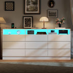 Drawer Dresser for Bedroom with Power Outlet, White Dressers with LED Light, Dresser Chest of Drawers for Closet, Wooden Dressers Organizer Cabinet for Living Room, Entryway, Hallway (White 9 Drawers)