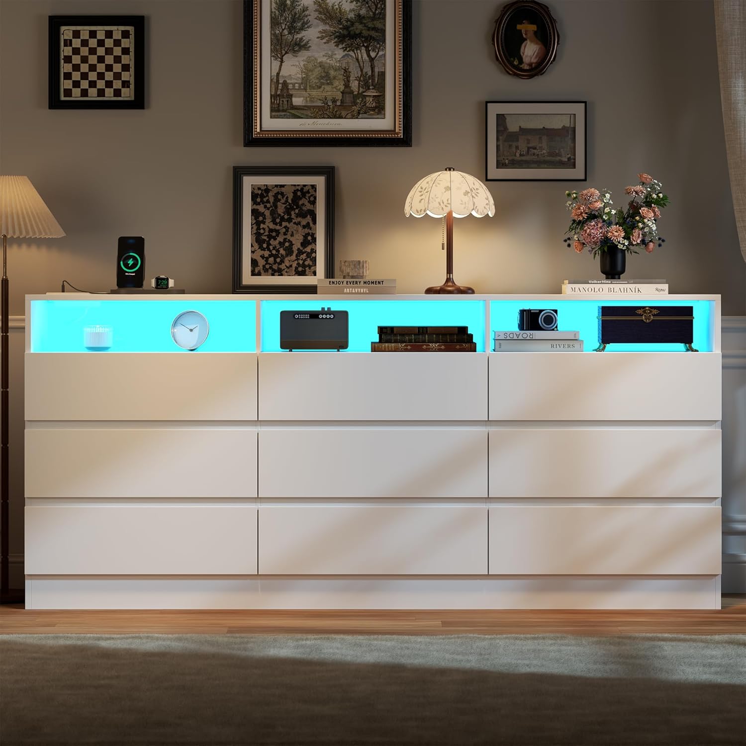 Drawer Dresser for Bedroom with Power Outlet, White Dressers with LED Light, Dresser Chest of Drawers for Closet, Wooden Dressers Organizer Cabinet for Living Room, Entryway, Hallway (White 9 Drawers)