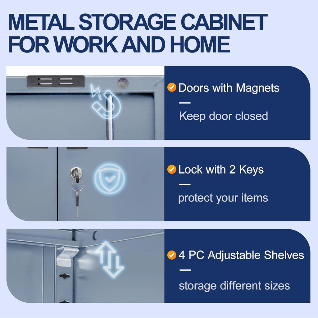 BESFUR Metal Storage Cabinet with 2 Doors and 4 Adjustable Shelves Garage Storage Cabinet with Lock 71" Office Storage Cabinets Locking Cabinets for Garage Office Shop Home (Gray)