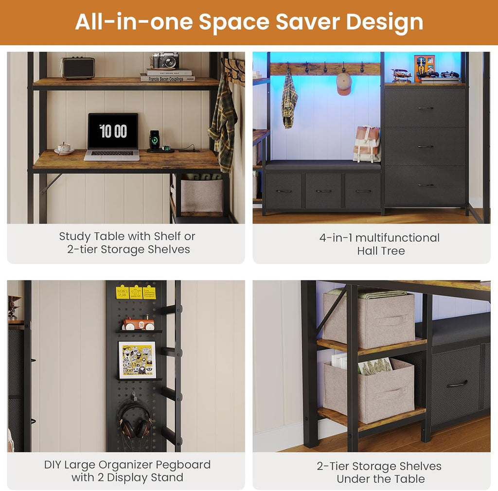 DICTAC Loft Bed Twin Size with 6 Storage Drawers,Coat Rack and Open Shelves Metal Twin Loft Bed with Desk,Charging Station and LED Light,loft beds with Large Pegboard,Stairs and Safety Guardrail,Black
