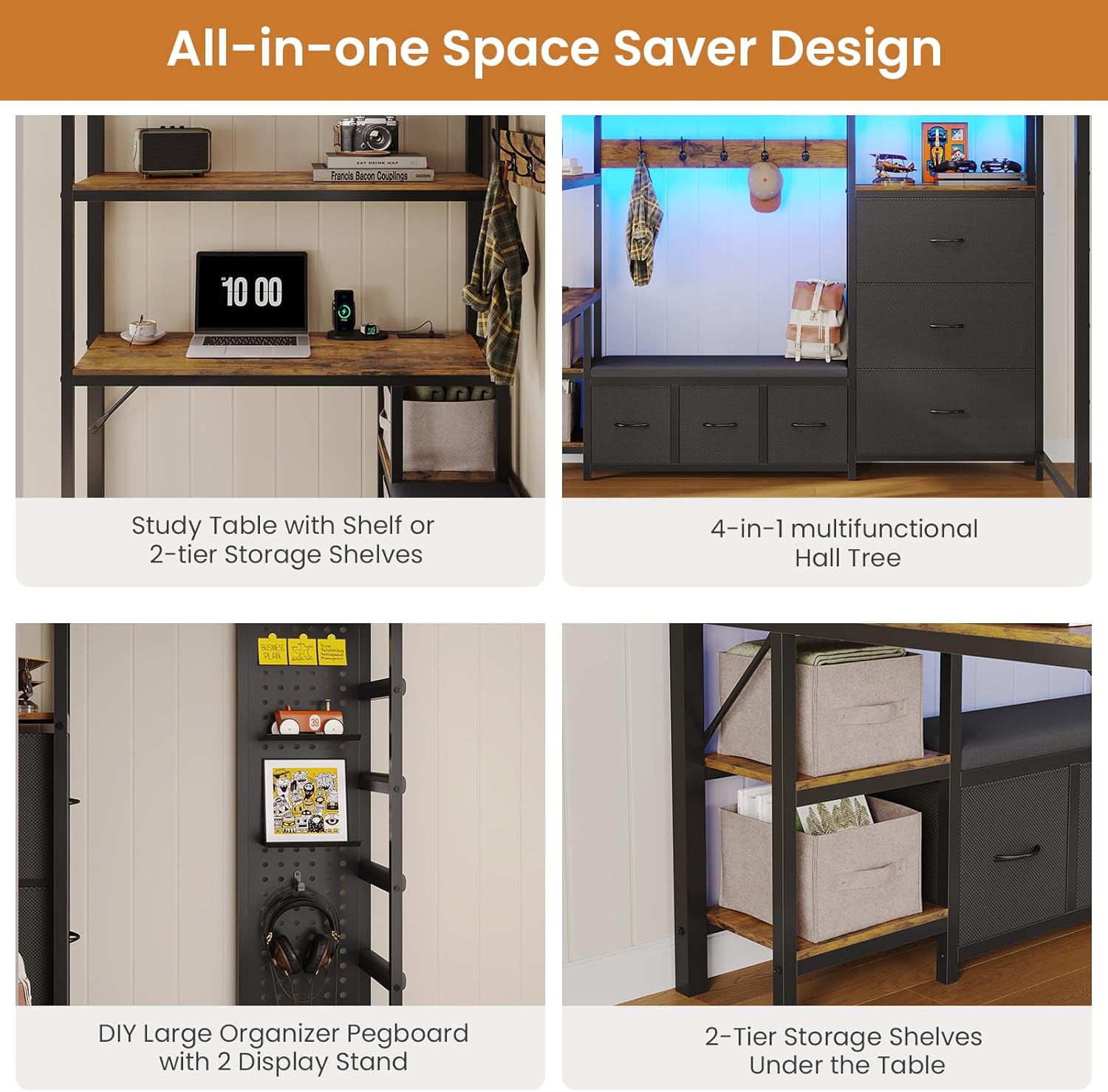 DICTAC Loft Bed Twin Size with 6 Storage Drawers,Coat Rack and Open Shelves Metal Twin Loft Bed with Desk,Charging Station and LED Light,loft beds with Large Pegboard,Stairs and Safety Guardrail,Black