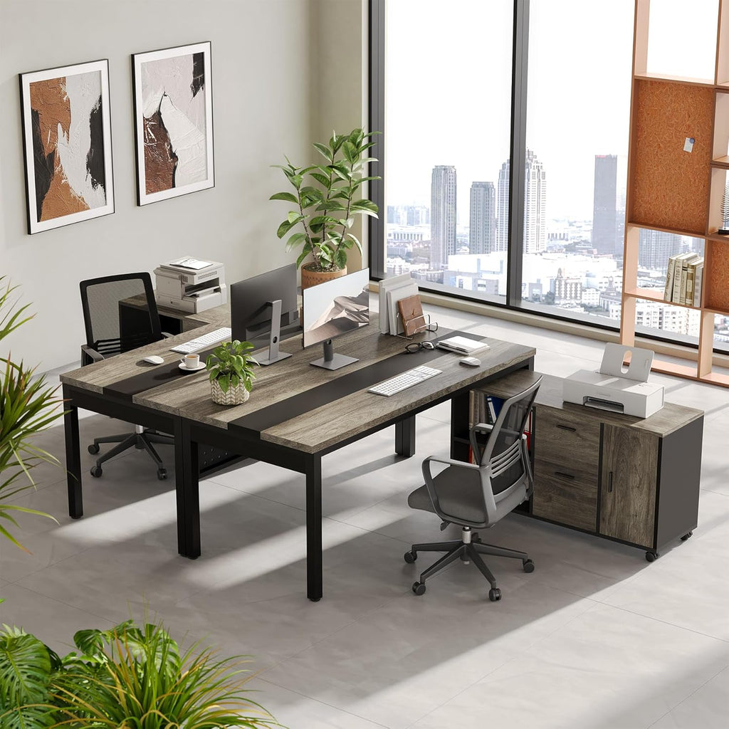 LITTLE TREE 70.8" Executive Desk with Lateral File Cabinet, Modern Thickened Wooden Workstation L-Shaped Computer Desk Large Home Office Writing Desk for Home Office