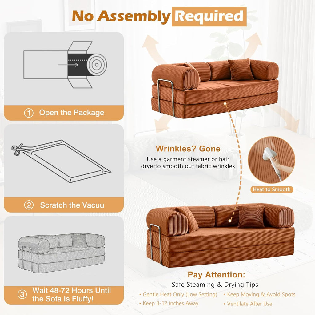Sofa Bed, 79" Convertible Sleeper Sofa with Pull Out Bed, 5-in-1 Folding Corduroy Futon Couch, Modular Loveseat Sofa Bed for Living Room, Bedroom & Apartment, Brown