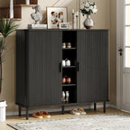 ONBRILL 43" Tall Fluted Shoe Cabinet with 8 Adjustable Shelves, Shoe Storage Cabinet with Sliding Door and 4 Open Shelves, Mid-Century Modern Shoe Organizer for Entryway, Hallway, Living Room, Black