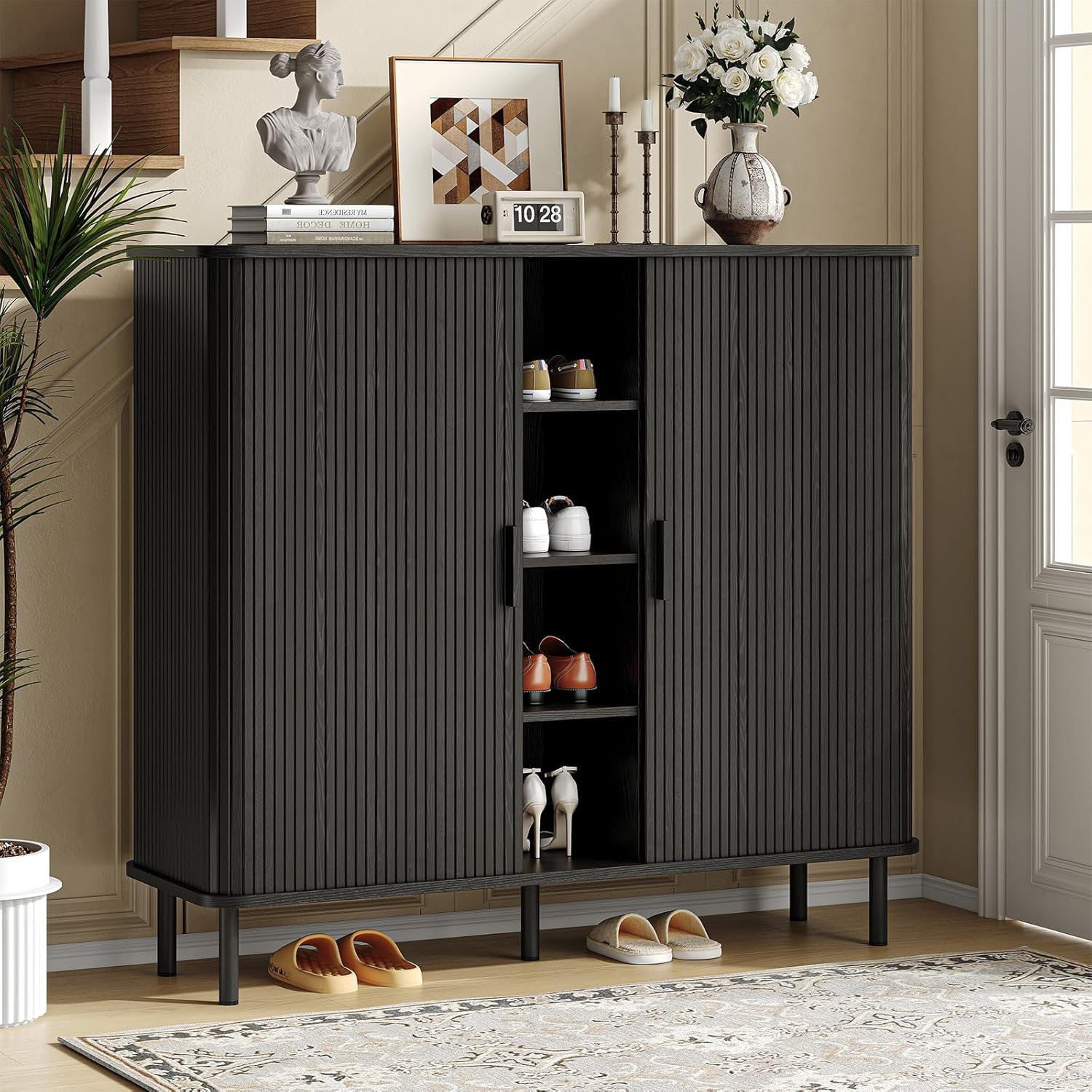 ONBRILL 43" Tall Fluted Shoe Cabinet with 8 Adjustable Shelves, Shoe Storage Cabinet with Sliding Door and 4 Open Shelves, Mid-Century Modern Shoe Organizer for Entryway, Hallway, Living Room, Black