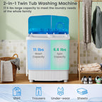 COSTWAY Portable Washing Machine, 17.6 lbs Capacity Twin Tub 11 lbs Washer and 6.6 lbs Spinner with Control Knobs, Timer Function, Drain Pump, Compact Laundry washer for Home Dorm Apartment RV (Blue)