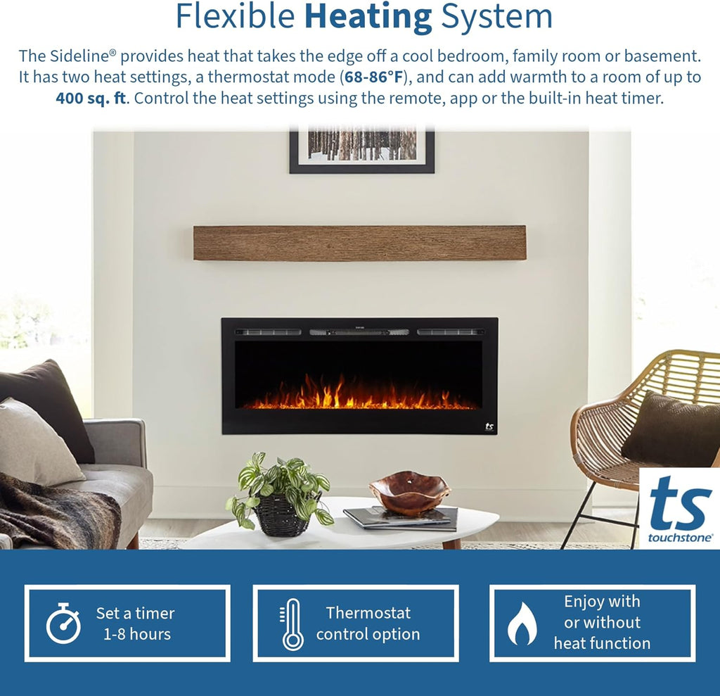 Touchstone Smart Electric Fireplace-The Sideline 50" Wide-in Wall Recessed - 30 Realistic Ember Color/Flame Options - 1,500W Heater w/Thermostat - Log & Crystal Hearth Options - Alexa/WiFi Enabled