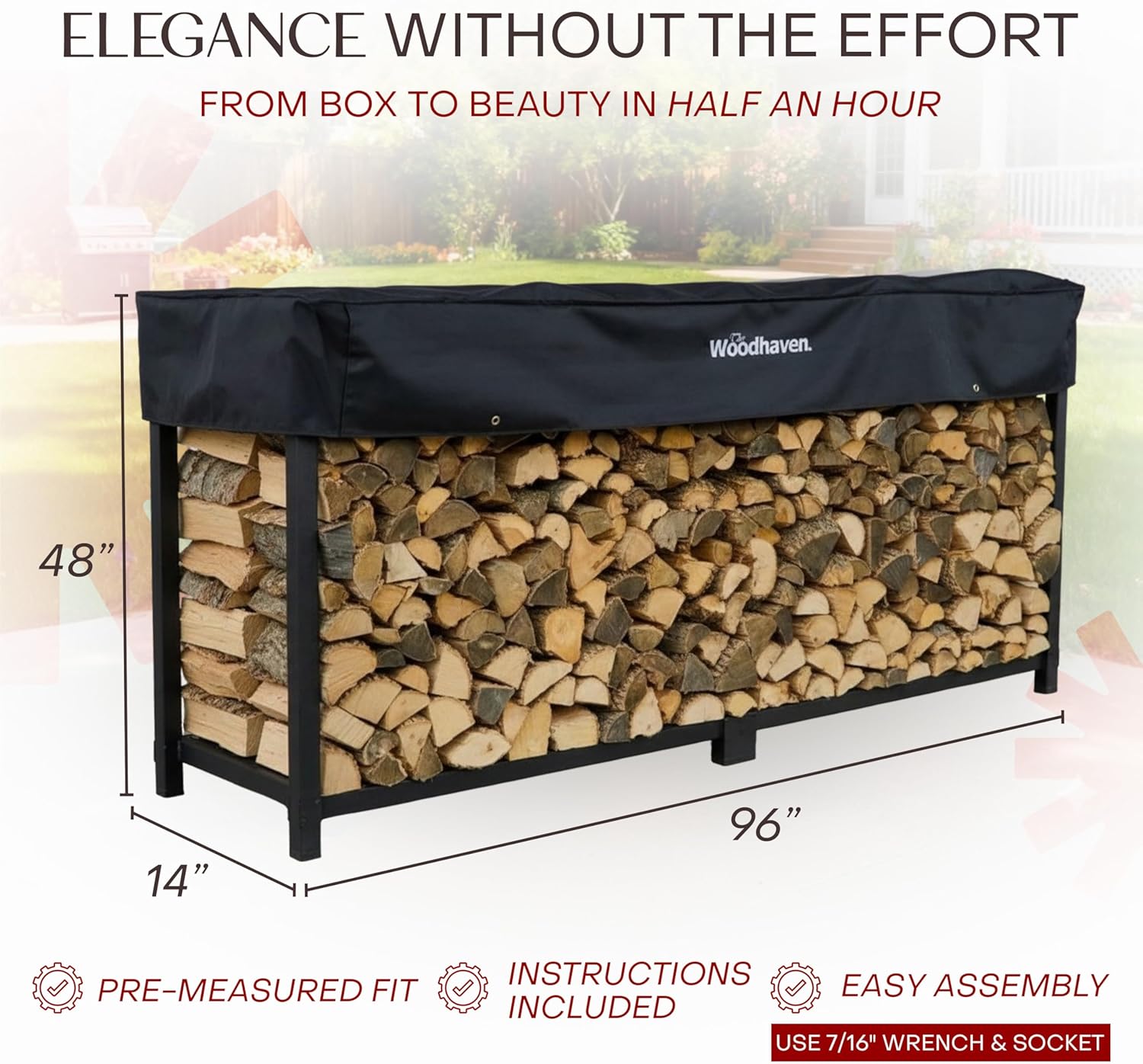 Woodhaven 8-Foot Firewood Rack – American Brand – 1/2 Cord Raised Lumber Storage Rack – Keeps Wood Dry & Ready – Heavy-Duty Steel  Lifetime Structural Warranty (With Cover)