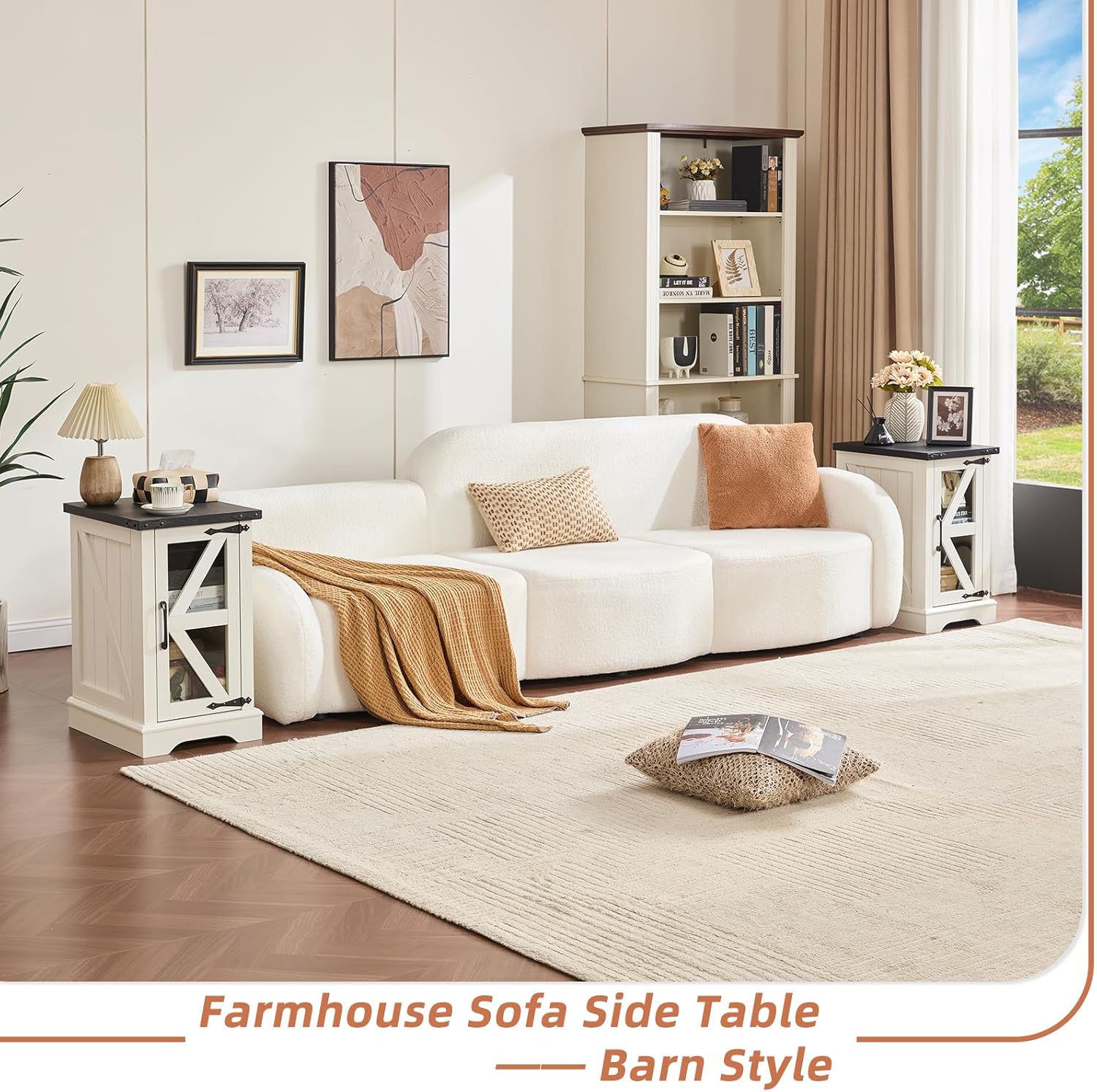 Farmhouse Coffee Table Sets 3 Pieces, 24'' End Table with Charger and Narrow 14'' Nightstand w/Glass Barn Door, Large Coffee Tables with Hidden Storage Organizer, Living Room Sets