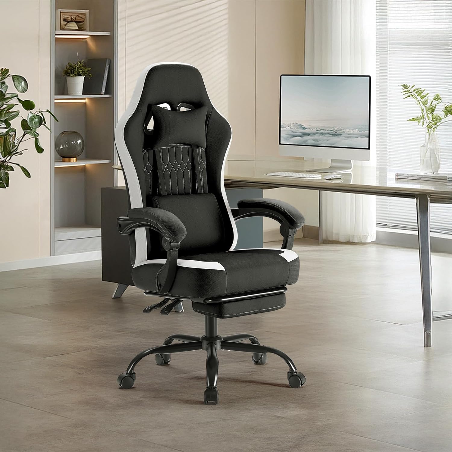 Sweetcrispy Computer Gaming Chair - Ergonomic Desk Chair with Footrest and Lumbar Support, High Back Height Adjustable Task Chair with Linkage Armrests and Headrest, 360° Swivel Wheels, Black