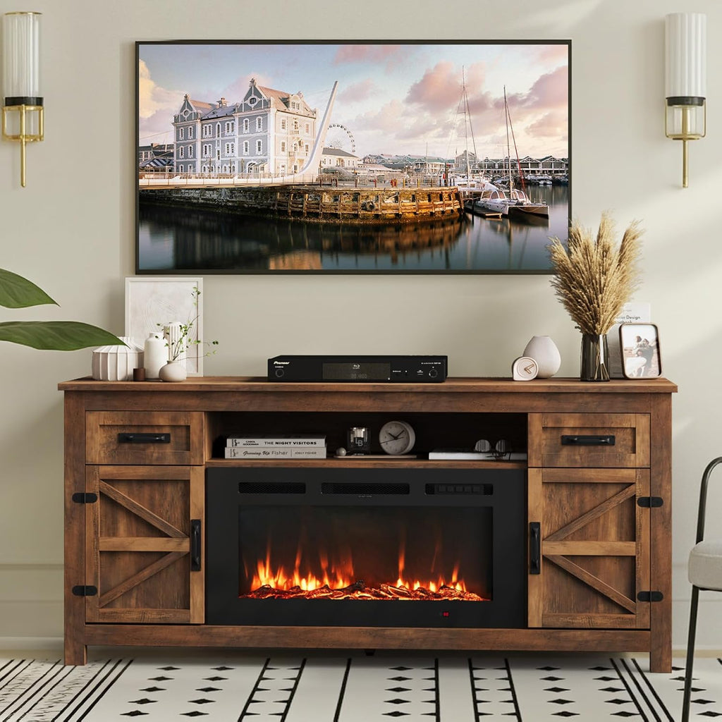 Fireplace TV Stand, 70" Farmhouse TV Stand with Barn Door for 80" TVs, Entertainment Center with Black Fireplace & Storage, Brown