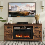 Fireplace TV Stand, 70" Farmhouse TV Stand with Barn Door for 80" TVs, Entertainment Center with Black Fireplace & Storage, Brown
