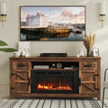 Fireplace TV Stand, 70" Farmhouse TV Stand with Barn Door for 80" TVs, Entertainment Center with Black Fireplace & Storage, Brown
