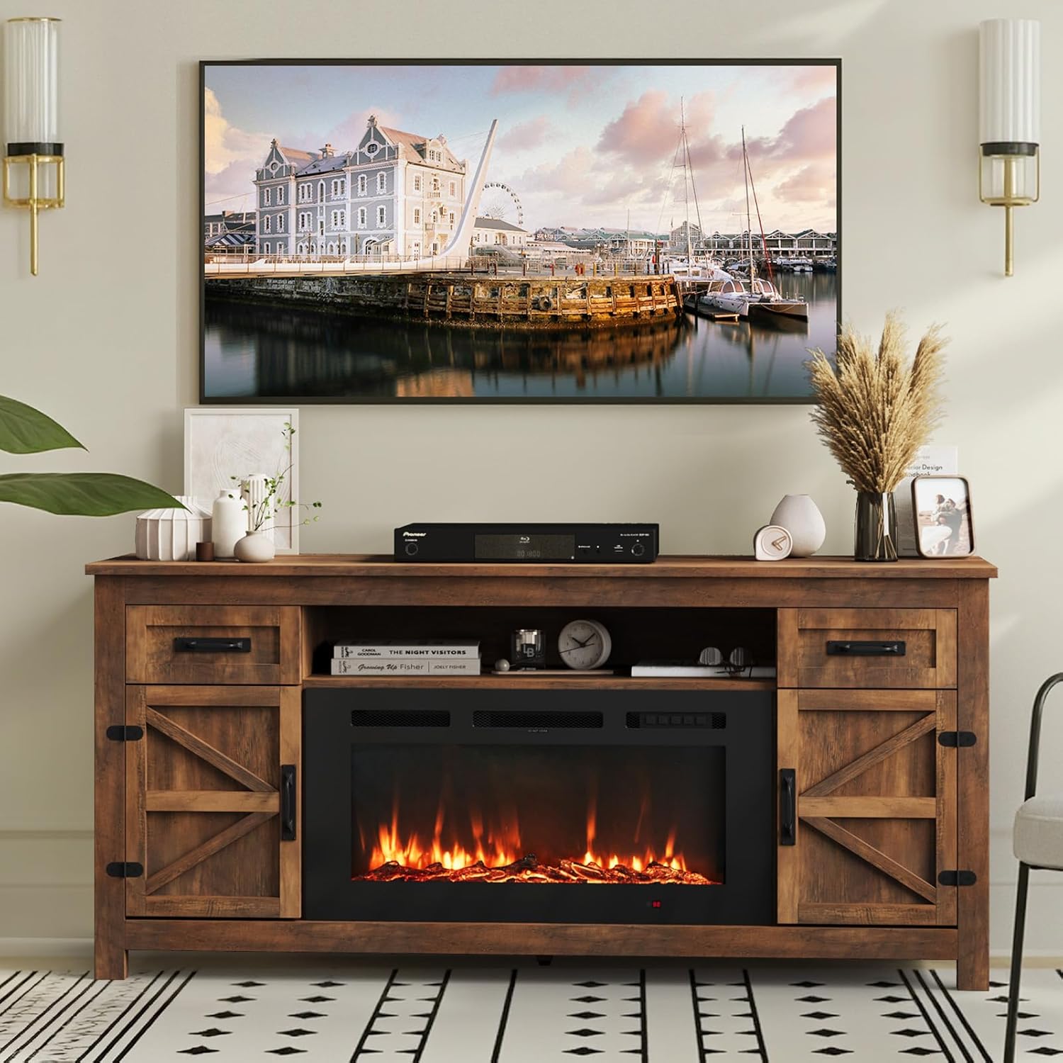 Fireplace TV Stand, 70" Farmhouse TV Stand with Barn Door for 80" TVs, Entertainment Center with Black Fireplace & Storage, Brown