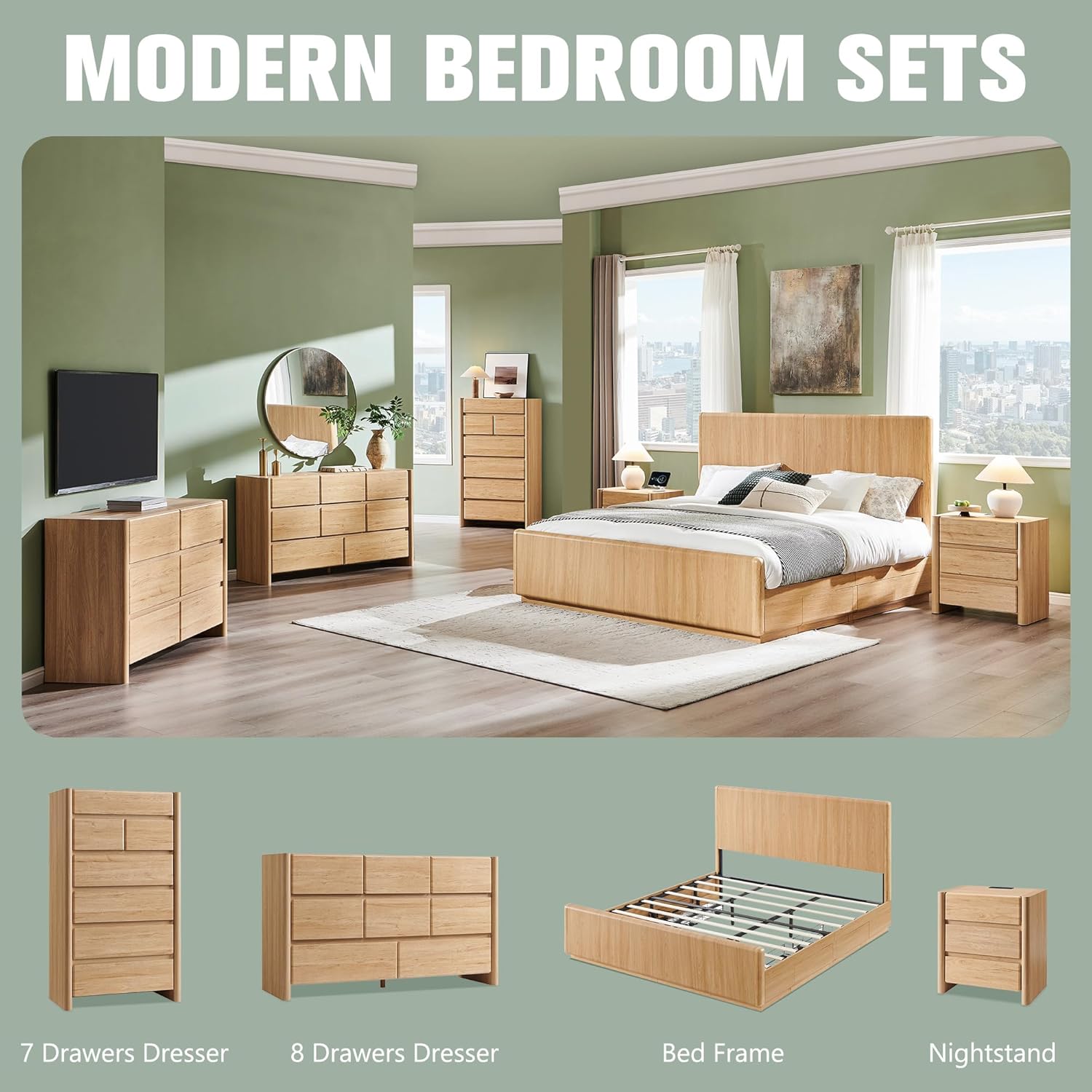 25" Tall Modern Nightstand Set of 2, 23.6" W Nightstand with Charging Station & 2 Storage Drawers & Open Shelf, Wood Night Stand w/Rounded Corner Design for Bedroom (Natural)